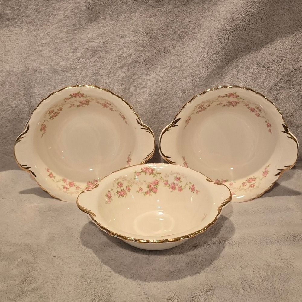 Pope-Gosser Sterling China Rose Floral Lugged Cereal Soup Bowls Set of 3 Vintage